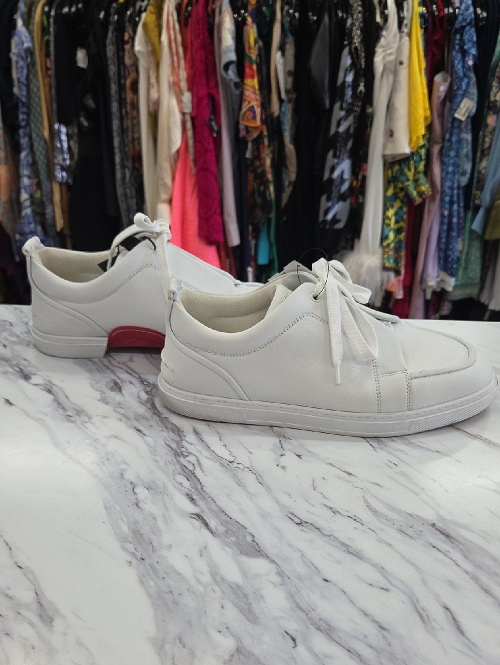Christian Louboutin White Low-Top Leather Sneakers with Red Heel Accent